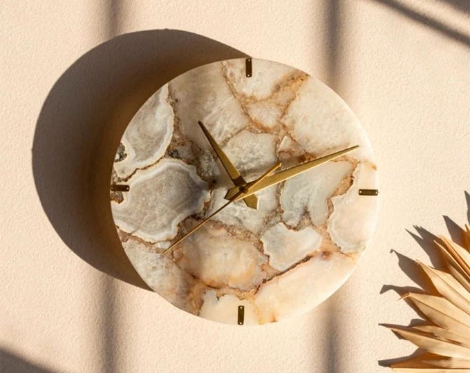 Handmade Round Agate Wall Clock Pink Rose | Natural Crystal Stone Modern Boho Decor (Customisable)