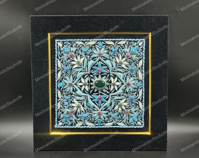 Handcrafted Blue Zardozi Embroidery Wall Art | Velvet Framed Jewel Panel | Artisan Indian | Royal Gift