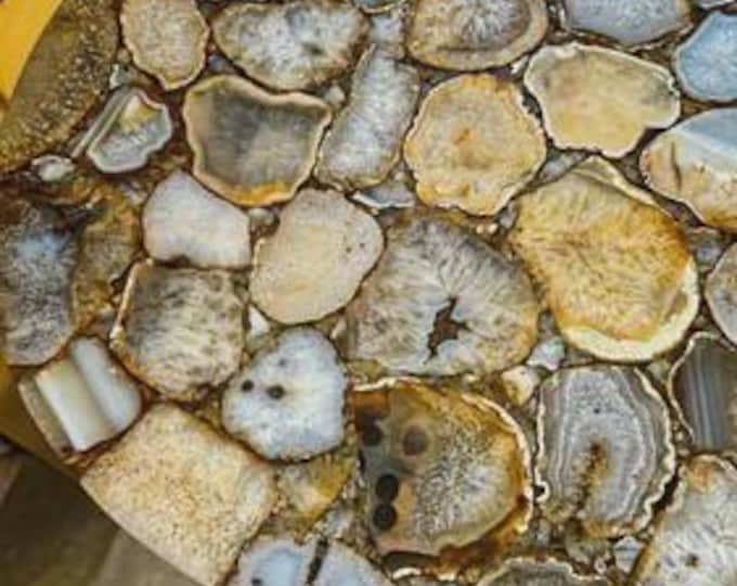 Round Agate Table Top | Neutral Multi Colour Gemstone Statement Handmade Dining Coffee Table | (Customisable)