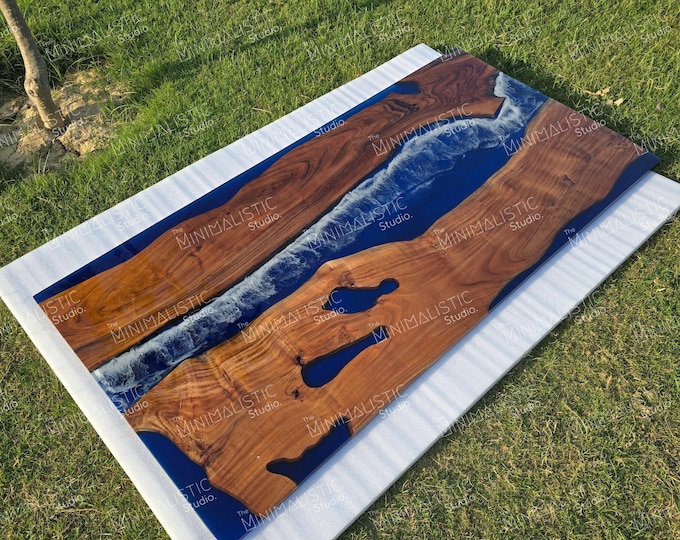 Acacia Wood Blue Epoxy River Table Top | Custom Dining or Coffee Table