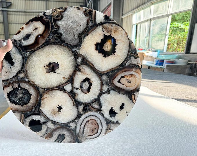 Black & White Agate Table Top | Natural Gemstone, Customizable