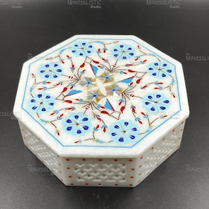Handgemachte achteckige Marmor Inlay Box mit Blumenmuster - Pietra Dura Andenken Schmuckschatulle von Agra - Dekoratives Stein Schmuckgeschenk