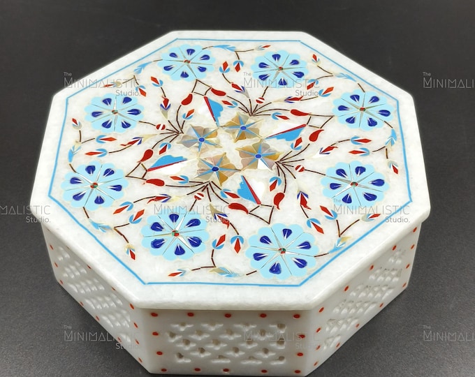 Handmade Octagonal Marble Inlay Box – Pietra Dura Floral Jewelry Keepsake