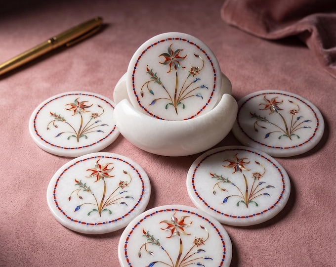 Round Marble Coaster Set Gemstone Inlay Coasters Handmade White Drink Coasters (3.5 Inch)