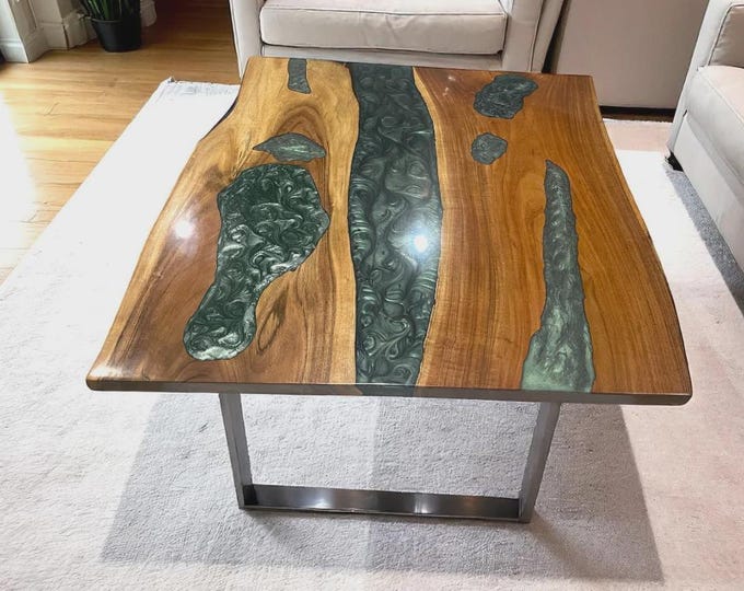 Square Metallic Green Epoxy Acacia Wood Table Top | Luxury Coffee Dining Table | (Customisable)