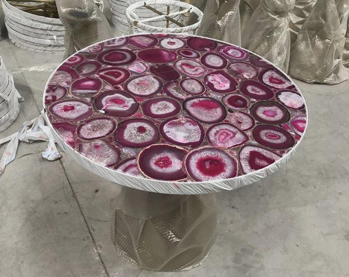 Pink Agate Round Table Top | Handmade Gemstone Coffee Table