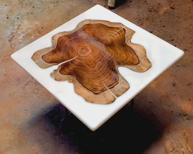 Live Edge Acacia Tree Stump White Epoxy Resin Table Top | Square Handmade | Coffee Table | (Customisable)