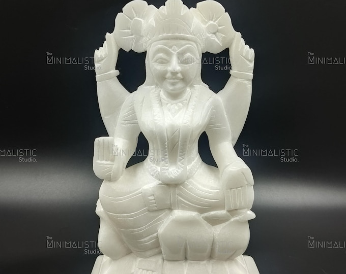 Handcrafted White Marble Lakshmi Idol | Goddess of Wealth Statue | Hindu Puja Decor & Auspicious Gift