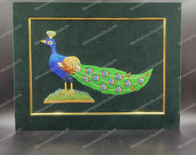 Handcrafted Peacock Embroidery | Green Velvet Framed Indian Decor