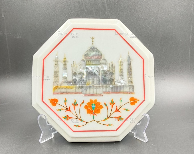 Taj Mahal Marble Inlay Plate | Octagonal White Marble Home Decor | Handmade Indian Craft
