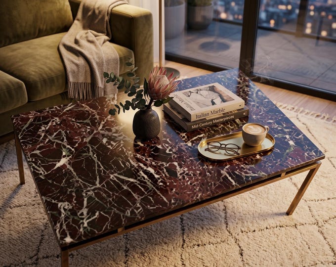 Rectangular Rosso Levanto Marble Table Top | Handmade Burgundy Coffee Top | (Customisable)