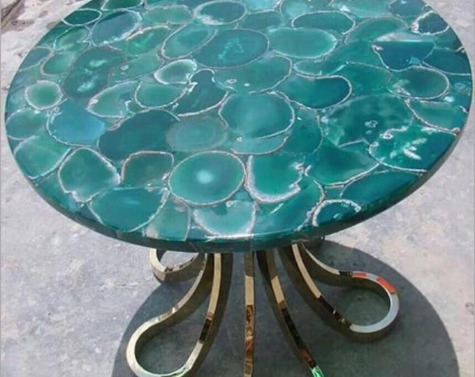 Round Blue Agate Table Top | Luxury Crystal Accent Handmade Gemstone Coffee Dining Table | (Customisable)