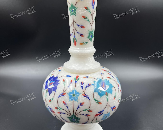 Handmade Makrana White Marble Inlay Vase | Pietra Dura Floral Art