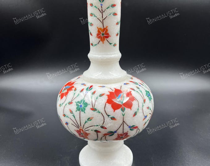 Handmade Marble Flower Vase | Indian Pietra Dura Floral Inlay