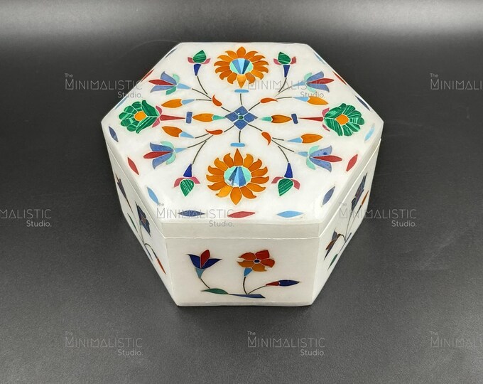 Handcrafted White Marble Hexagonal Box | Pietra Dura Floral Inlay
