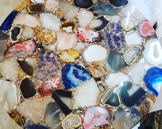 Round Multicolour Agate Table Top | Luxury Gemstone Coffee Table | (Customisable)