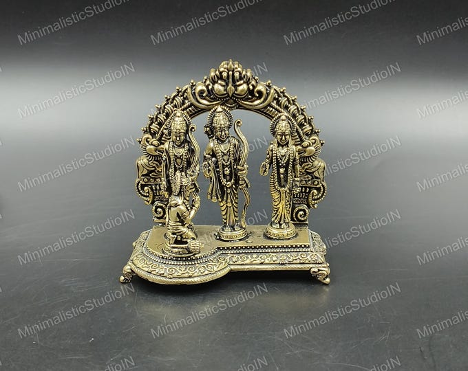 Golden Brass Ram Darbar Statue | Hindu Puja Decor, Divine Murti