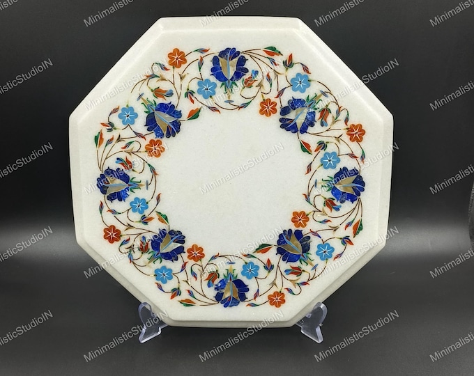 Octagon Marble Inlay Plate 12” Inch | Pietra Dura Floral Stone Art Charger for Luxury Table Decor