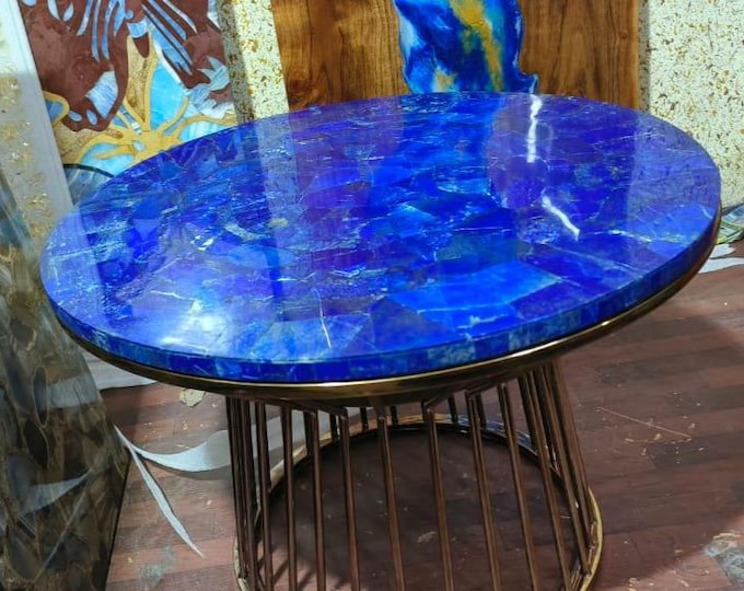 Handmade Round Lapis Lazuli Table Top | Gemstone Inlay (Customizable)