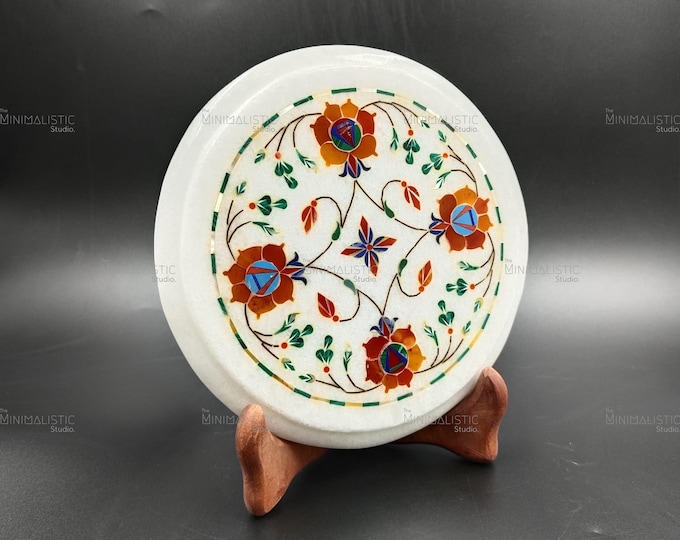 Handmade Round Marble Inlay Plate – Floral Stone Mosaic Table Decor & Indian Gift