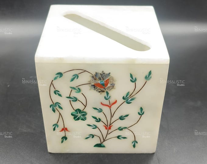 Floral Inlay Marble Tissue Box | Handmade Indian Stone Craft