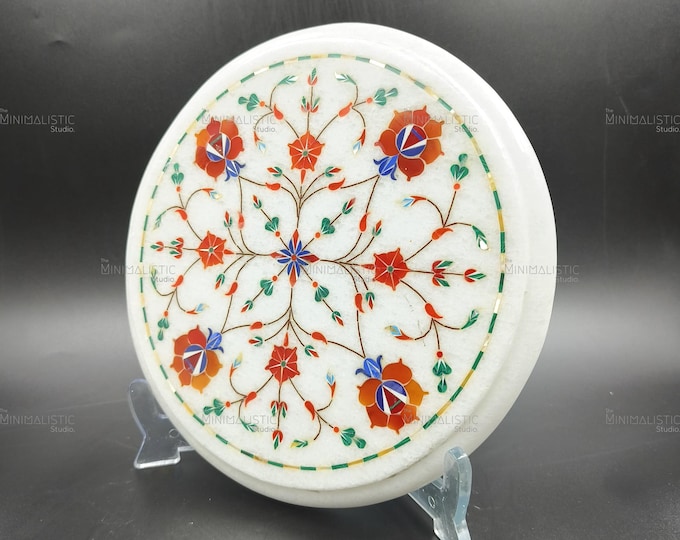 Handmade Round Marble Inlay Plate – Floral Stone Mosaic Table Decor & Indian Gift