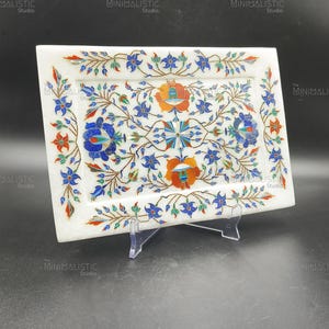 Handmade Marble Inlay Tray – Floral Pietra Dura Plate for Wall or Table Decor – White Marble with Stone Art (Masterpiece)