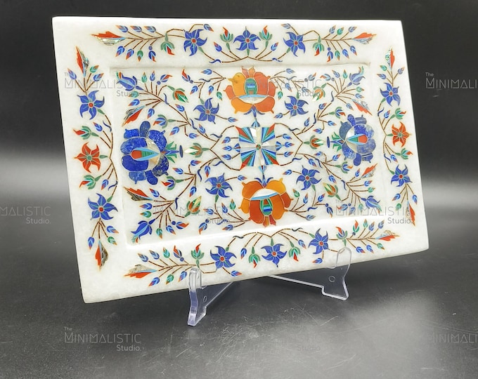 Handmade Marble Inlay Tray – Floral Pietra Dura Art, 10x7