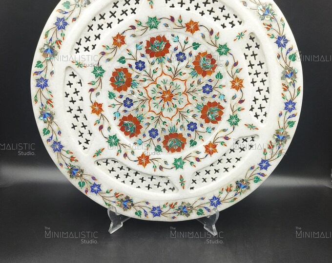 Floral Gemstone Inlay Plate | 15” Makrana Marble Pietra Dura Art