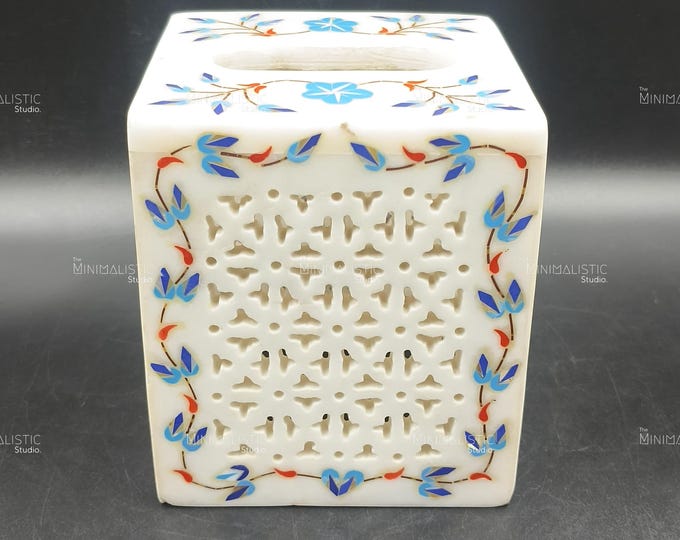Handmade Marble Tissue Box | Floral Inlay, Luxury Bathroom Decor