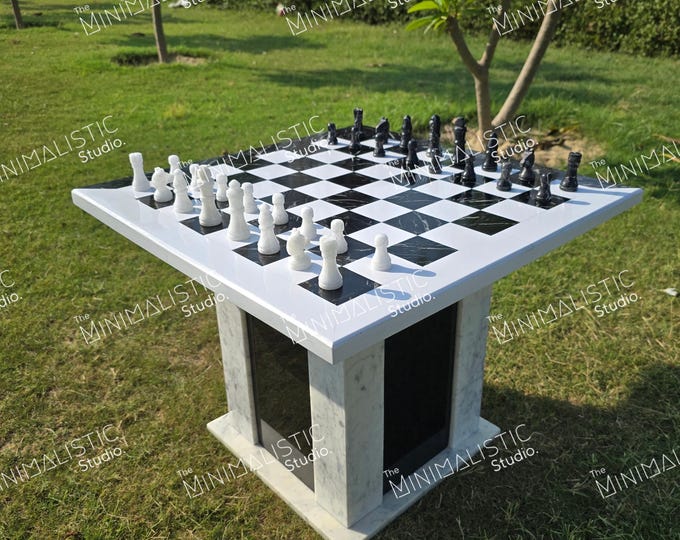 Handmade Marble Chess Tabletop with Hand-Carved Stone Pieces