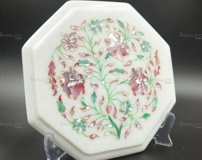 Handmade Marble Inlay Plate | Pink Floral Pietra Dura Art