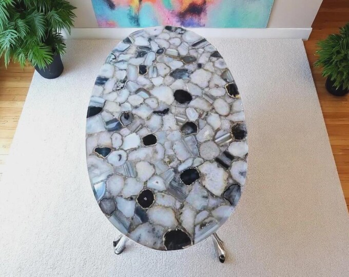 Oval Black White Agate Table Top | Modern Monochrome Crystal Dining Coffee Table | (Customisable)