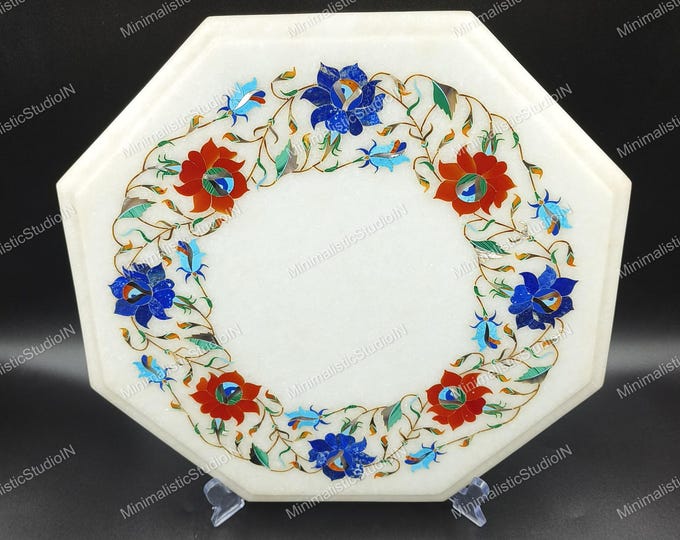 Octagon Marble Inlay Plate 12” Inch | Pietra Dura Floral Stone Art Charger for Luxury Table Decor & Gifting