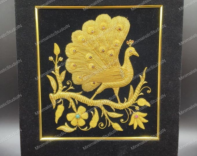 Gold Peacock Zardozi Embroidery | Black Velvet Framed Indian Wall Art