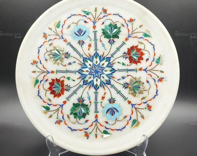 Handmade Floral Inlay Marble Plate – Pietra Dura Wall Art, 12 Inch