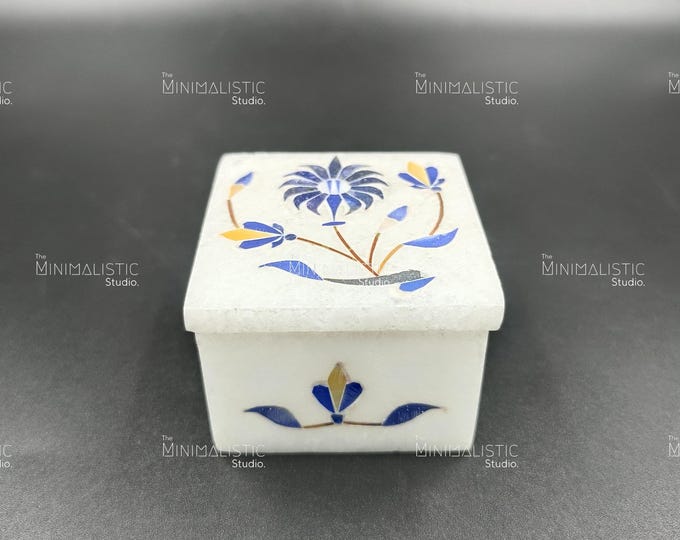 Handmade Marble Keepsake Box | Blue Floral Inlay, Indian Art
