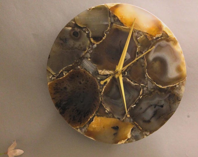 Handmade Brown Agate Gemstone Wall Clock, Gold Accent Decor
