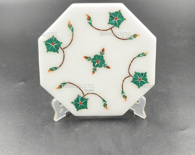 Handmade Marble Inlay Plate | Octagon Floral Design | Indian Stone Trivet | White Makrana Centerpiece Art