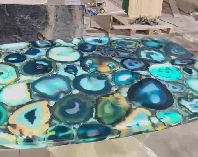 Handmade Blue Agate Table Top | Luxury Gemstone, Customisable