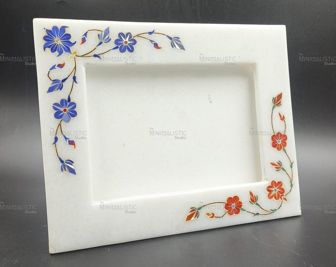 Handmade Marble Photo Frame | Pietra Dura Floral Inlay, Indian Decor