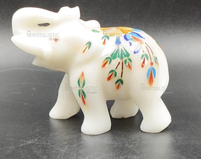 Handmade Marble Elephant Figurine | Gemstone Inlay, Agra Decor