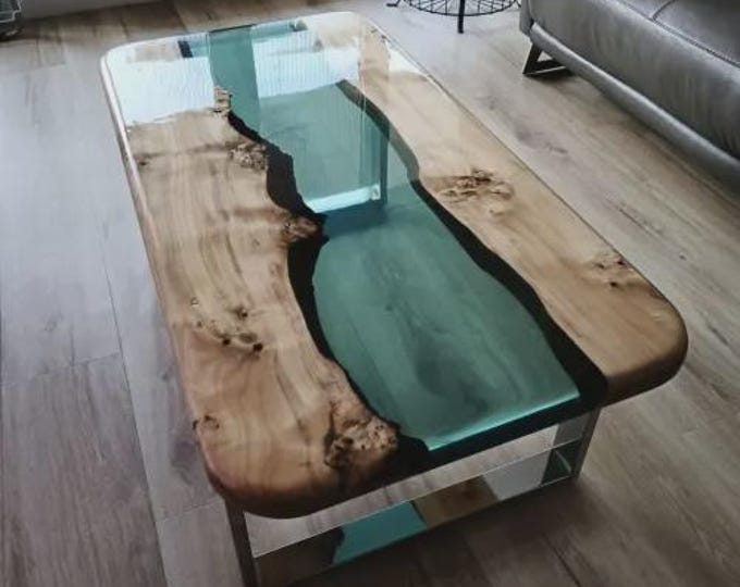 Rectangular Acacia Wood Clear Epoxy Table Top | Handmade River Resin Dining Coffee Table | (Customisable)