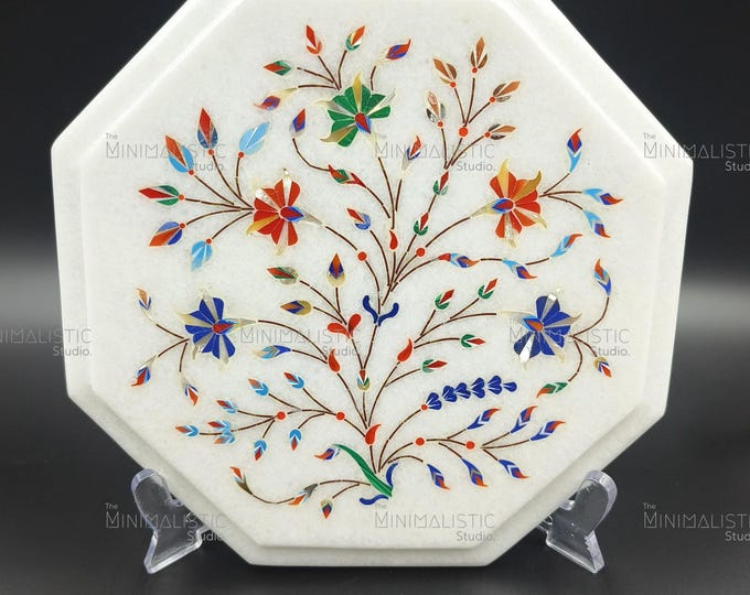 9"x9" Marble Inlay Art Plate | Floral Octagon Handmade Decor | Plastic Stand Included | Customizable Gift