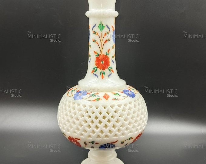 Handcrafted White Marble Floral Inlay Vase | Pietra Dura Decor