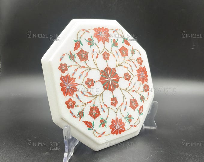 Floral Symphony on White Marble | Handmade Pietra Dura Inlay Plate (Masterpiece)
