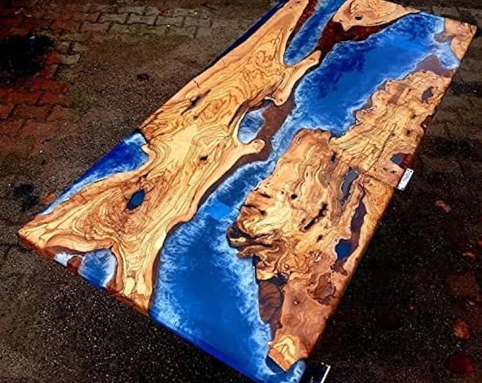Blue Swirl Epoxy Acacia Wood Table Top | Live Edge, Rectangular (Customizable)