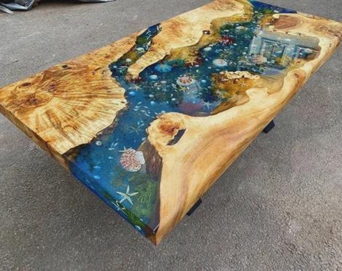 Rectangular Aqua Blue Epoxy Acacia Wood Table Top | Ocean Resin Dining Coffee Table | (Customisable)