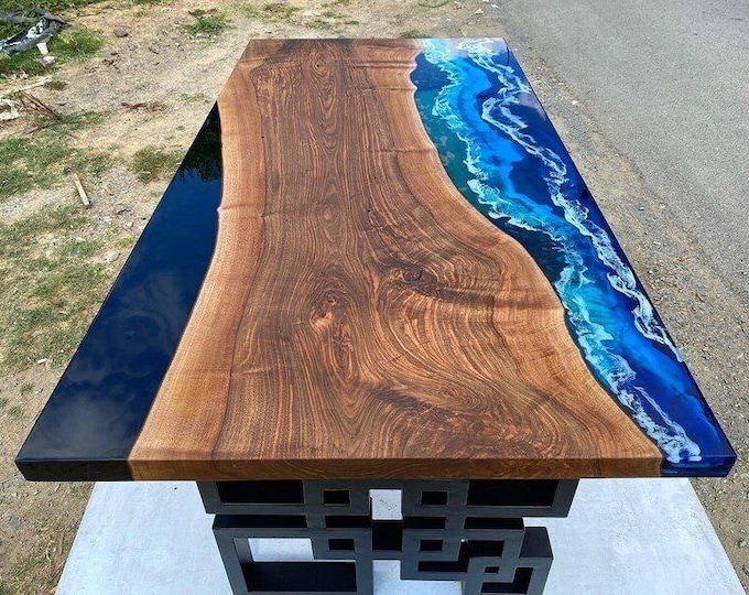 Acacia Wood Ocean River Table | Black Blue Epoxy Resin, Customisable