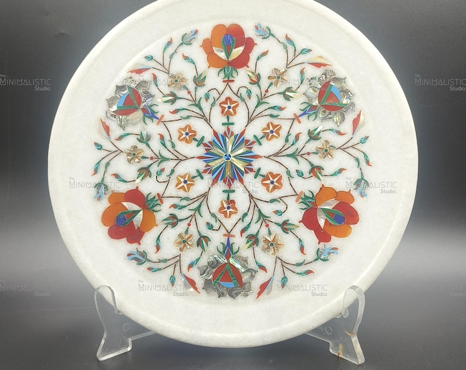 Handmade Floral Inlay Marble Plate – Pietra Dura Wall Art